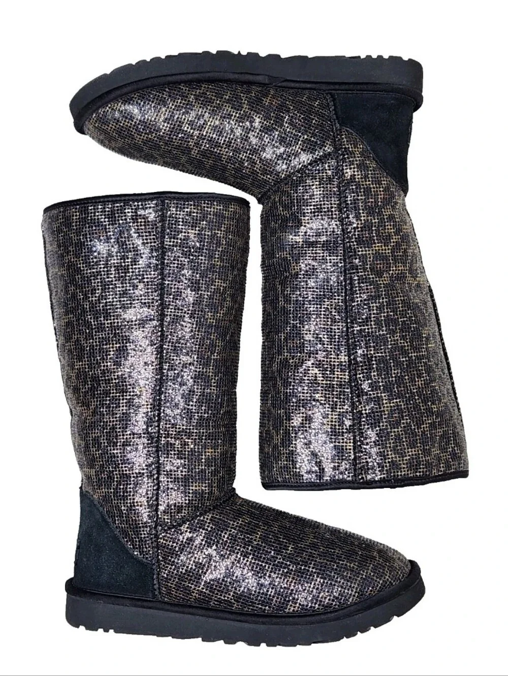 UGG Leopard Glitter Classic Tall Sz 7 Genuine Sheepskin Boots Black/Gold 1006819